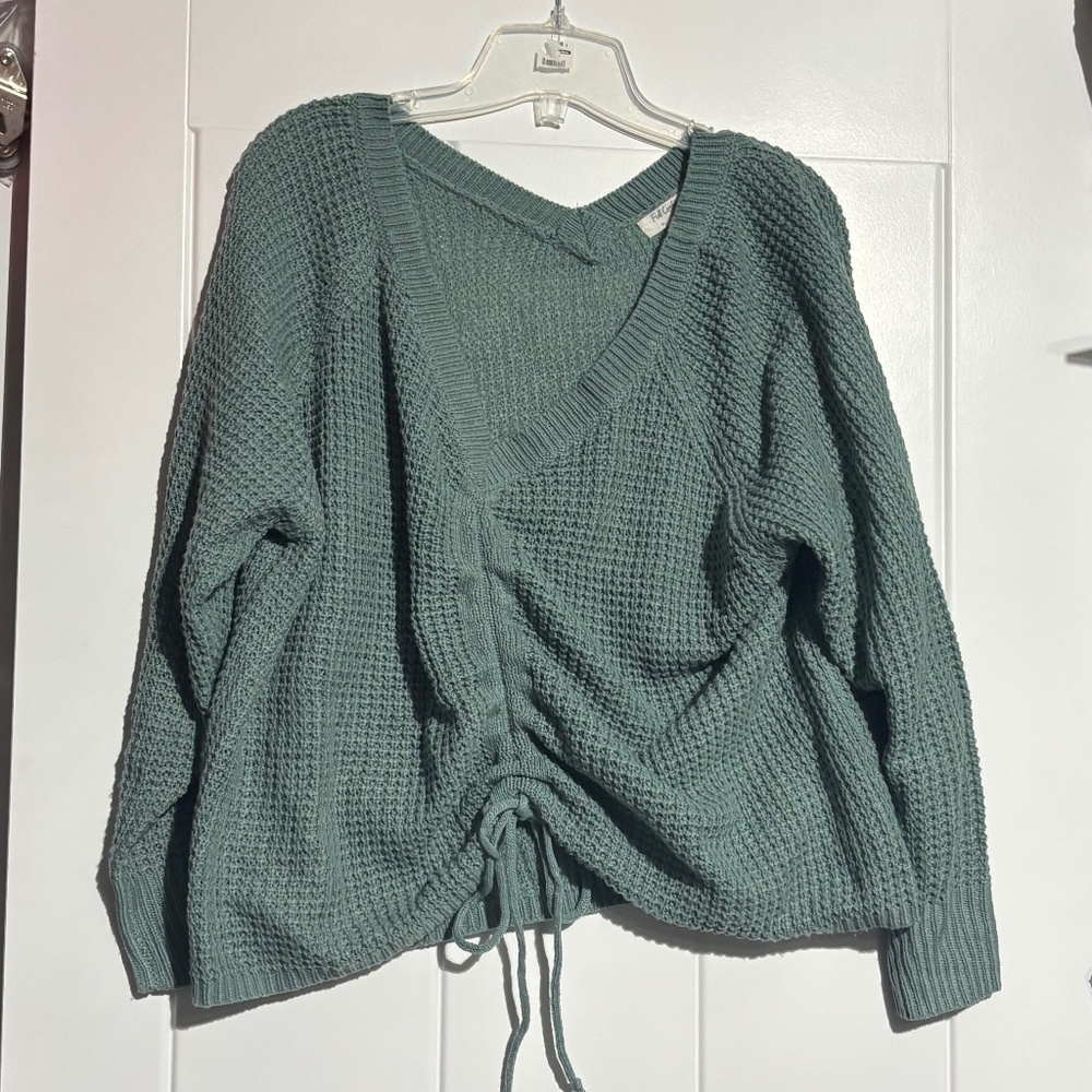 Turquoise waffle knit cinch sweater